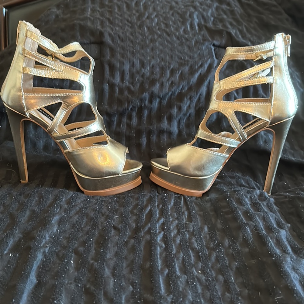 Gold strappy 4 inch high heel with 1.5 inch front wedge